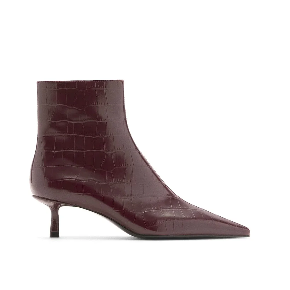 NEW MANGO MNG BURGUNDY COBI KITTEN HEEL CROC EFFECT ANKLE BOOTS BOOTIE 38 US 7.5